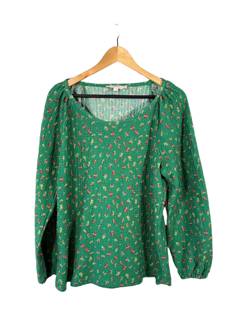 LOFT Green Ditsy Floral Blouse Large Textured Knit Balloon Sleeve Top